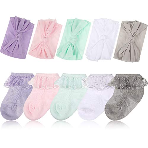 5 Pairs Baby Girls Eyelet Frilly Lace Ankle Socks with 5 Pieces Nylon Toddler Headbands for 3-12 Months, 5 Colors