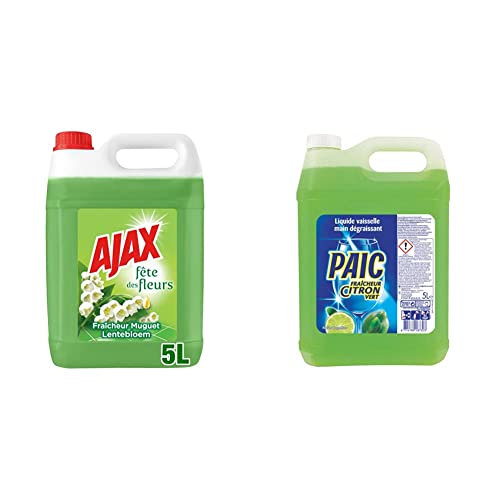 Ajax Nettoyant Ménager - Multi surfaces & Sol - Fête des Fleurs, Parfum Muguet - Sans rinçage - Grand Format Bidon de 5L & PAIC - Liquide vaisselle Fraîcheur Citron Vert - Bidon de 5L