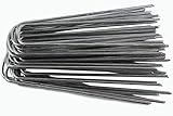 Grapas metálicas fabricadas en acero galvanizado anticorrosivo de excelente calidad con 3mm de grosor biseladas en las puntas para atravesar mejor las mallas e introducir se en la tierra con mayor facilidad en la colocación.
