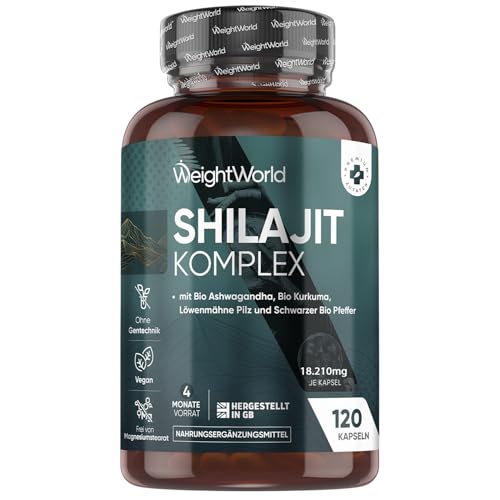 Himalaya Shilajit (Mumijo) Komplex 18.210 mg - 120 vegane Kapseln für 4 Monate - Mit Bio Ashwagandha Bio Kurkuma Lions Mane Pilz & Schwarzer Pfeffer - Shilajit Kapseln Extrakt (40:1) - WeightWorld