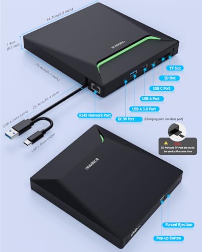 Grabadora DVD Externa, USB 3.0 Unidad Externa CD DVD con Adaptador Ethernet RJ45, 3 Puertos USB y 2 Puertos para Tarjetas TF/SD, Lector CD Externo para Portátiles PC Windows Linux Mac OS con Caja - imagen 7