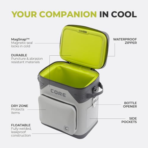 Image of CORE Magnetic Leak Proof Soft Cooler with Waterproof Zipper | Insulated Bag Portable Ice Chest Box | Best Soft Cooler for Food & Beverages for Tailgating, Car Camping, Travel, and Family Beach Picnics