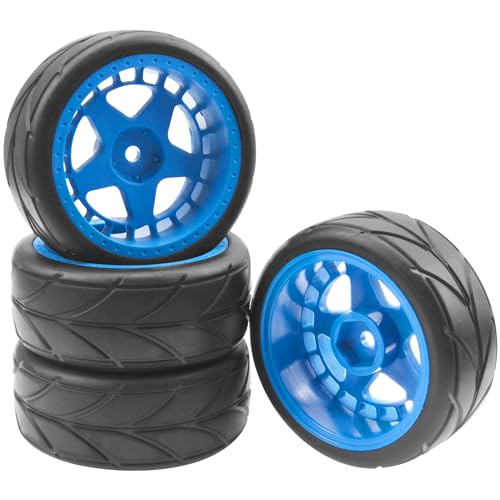 ShareGoo RC OD 2.55" Nylon 12mm Hex Wheels & Rubber Tires Set Compatible with Traxxas Tamiya Sakura HSP Redcat 1/10 RC On-Road Touring Drift Car (Blue)