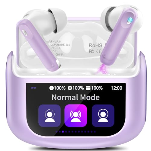 Wireless Earbuds, Bluetooth 5.4 Headphones with Multifunctional Touch Screen, 48H Bass Stereo Ear Buds with ANC/ENC Noise Cancelling/Transparency Mode, IPX7 Earphones with 5 EQ Modes, Taro purple