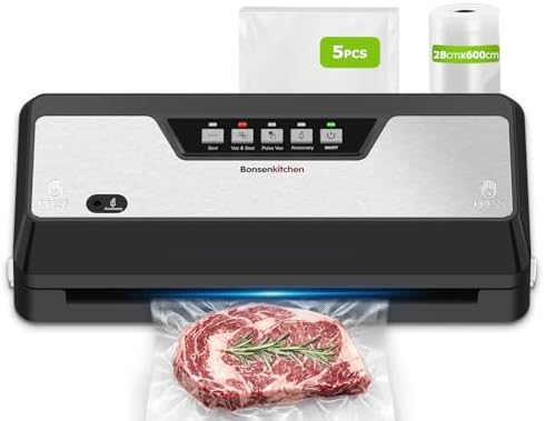 Bonsenkitchen Vakuumiergerät 125W mit Cutter Lebensmittel VS3019 | 125 W starke Leistung, 4 Vielseitige Betriebsmodi,Verbreiterte Dichtleiste,Integrierter Cutter, 1 Rollbeutel, 5 V