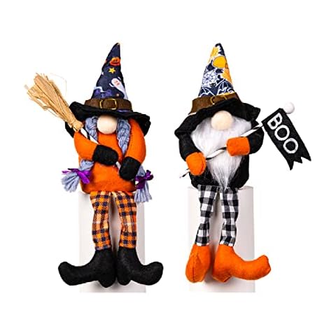 Boxgear Plush Halloween Gnomes - Handmade Small Swedish Gnomes with Witch Broom & Hat, Boo Flag - Stuffed Halloween Decorations for Party, Home Interior Figurines, Farmhouse Fall Decor - Set of 2 Cover