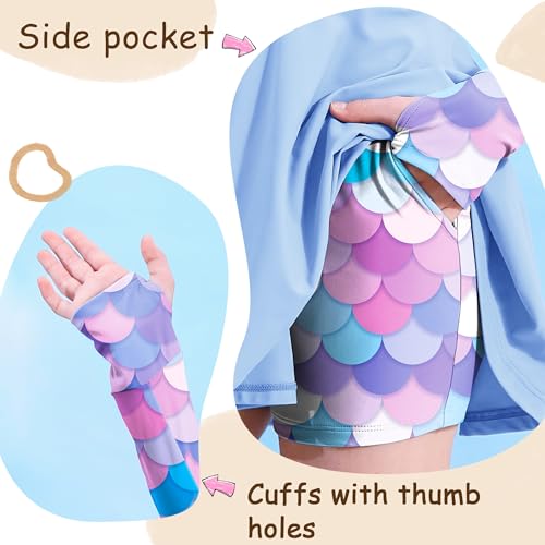 Image of HOZIY Girls Long Sleeve Swimsuit Two Piece Rash Guard Dress with Swim Shorts Front Zip for Kids Tween Teens UPF 50+