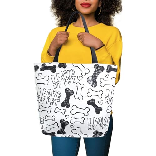 I Love My Pet Dog Bone Cute Canvas Tote Bag for Women with Zipper Pocket Reusable Grocery Shopping Bags Large Travel Shoulder Bag Handbag Bags2