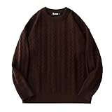 Laixton Mens Oversized Sweater Unisex Crewneck Cable Knit Sweater Pullover Aesthetic Streetwear Casual Sweaters Jumper Classic Brown