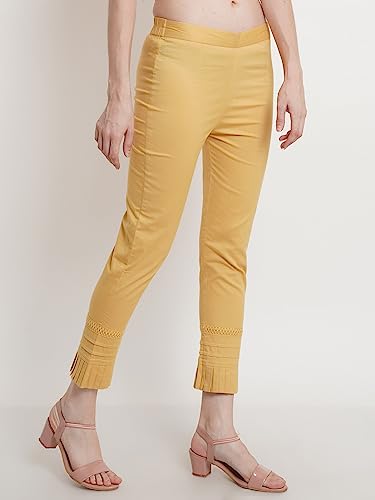 Image of POPWINGS Women Casual White Bottom Lace Cotton Trouser