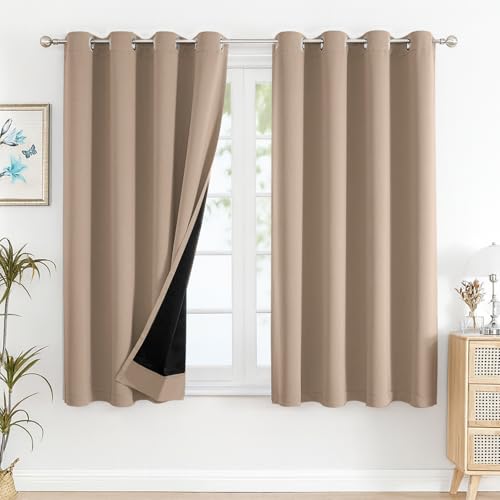 Image of Cloth Fusion 100% Blackout Window Curtains 5 Feet Long Set of 2 with Blackout Lining, Double Layer Room Darkening Parda with Stainless Steel Grommets for Home Decor (5x4 Feet, Beige White)