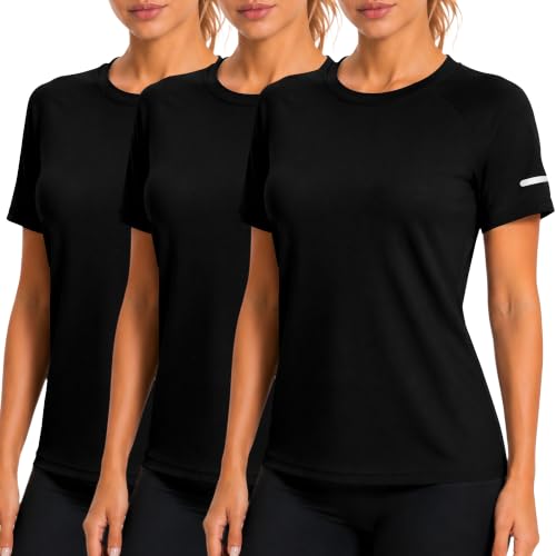 Image of Women's Workout Running T-Shirts, Dry Fit Short Sleeve Shirts, Moisture Wicking Athletic Tee, Sports Gym Yoga Tops 3 Black 3P07-XL