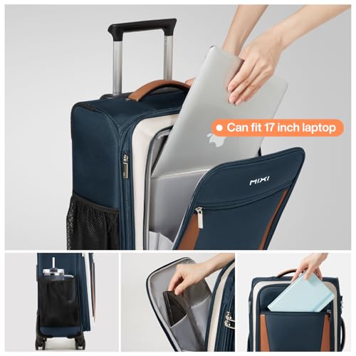 mixi Valise à main extensible de 20 pouces avec poche avant, valises de voyage légères à roulettes approuvées par les compagnies aériennes 22x14x9 avec roulettes et TSA (bleu foncé-blanc cassé) – Image 4