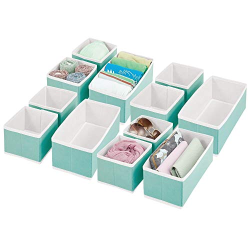 mDesign Soft Fabric Dresser Drawer and Closet Storage Organizer for Bedroom Closet Shelves Drawers - ClothingAccessory Organizing Bins - Set of 12 in 2 Sizes - TurquoiseWhite