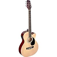 electro-acoustic guitar with cutaway active preamp with on-board volume, bass, middle and treble controls, phase switch and low battery indicator top, back and sides: basswood fingerboard and bridge: black stained maple finish: high gloss natural wit...