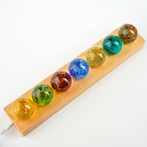 7 Chakra Crystals Spheres Sets 40mm Crystal Healing Ball with LED Wooden Stand for Meditation Night Light Decoration Balls for Home Office Decor Gifts