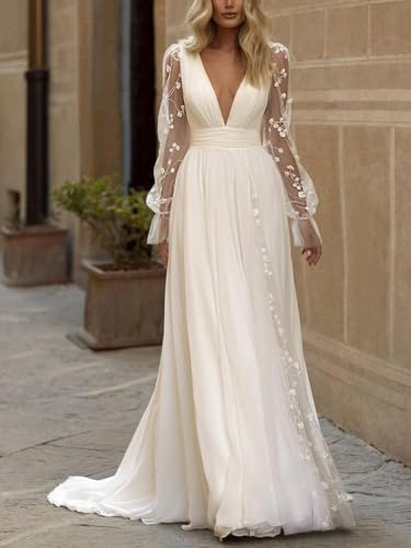 Brautkleid Beyonddress Frauen Boho Spitze Langarm V-Ausschnitt A-Linie