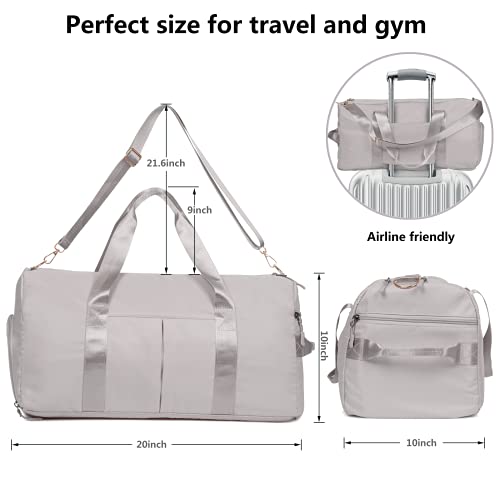 Image of Duffle Bag For Women, Sports Duffel Bag for Gym with Wet Pocket & Shoe Compartment, Overnight Weekender Travel Bag, light grey, medium