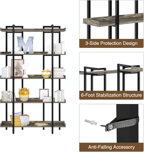 Image of Rolanstar Book Shelf 5-Tier, 68.9''H Tall Bookshelf for Home Office, Open Wood Display Shelves, Large Standing Bookcase with Metal for Living Room, Industrial Corner Bookshelf Grey
