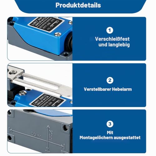 2 Stück ME-8108 Einstellbarer Rollen hebelarm Endschalter, 1NO 1NC ME-8108 Limit Schalter Selbstrückstellend 250V mit 5CM Verstellbar Rollerhebel für CNC-Fräser Elektrische Steuerungen