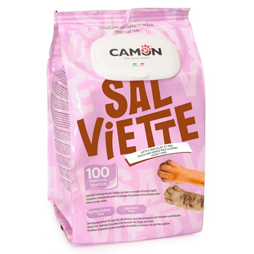 CAMON | Salviette Detergenti per Cani e Gatti, 30x17 cm, Confezione da 100 Pezzi, Fragranza Latte e Miele, Senza Alcool etilico né Parabeni, Made in Italy, Il Pacchetto può variare