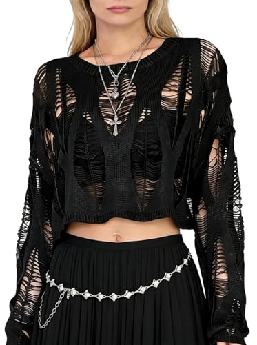 Goth Y2K Pull rayé grunge déchiré punk gothique pour femme, noir 01, Taille