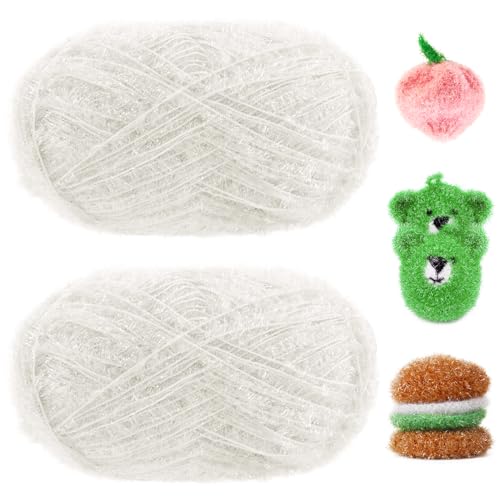 Image of JeogYong Scrubby Yarn 2 Skeins (2 x 100g, 2 x 218yd) Scrubby Sparkle Yarn, Fluffy Polyester Scrubbie Crochet String for Crocheting Knitting Dishcloths Washcloths DIY Projects