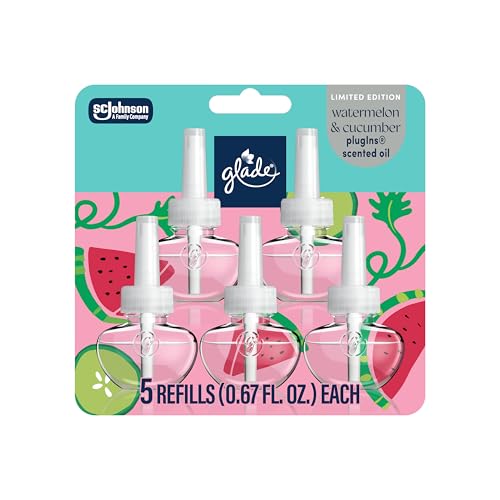 Glade PlugIns Refills Air Freshener Watermelon & Cucumber Scented and Essential Oils for Home and Bathroom 0.67 Fl Oz 5 Count