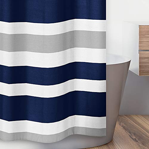 Sweet Jojo Designs Navy Blue, Gray And White Kids Bathroom Fabric Bath Teen Stripe Shower Curtain #TOP2