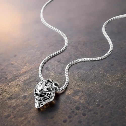 COOLSTEELANDBEYOND Mens Hockey Mask Pendant Necklace, Stainless Steel, Goalie Mask Design, 24 inch Wheat Chain2