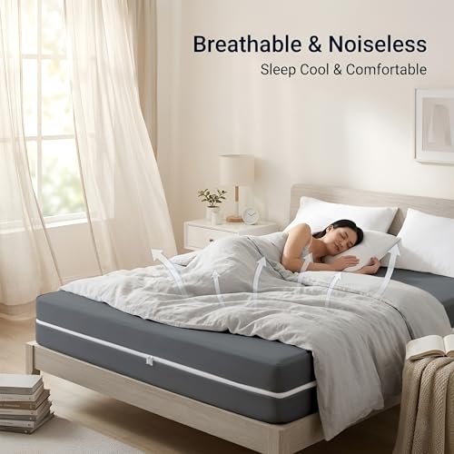 Image of 100% Waterproof Queen Size Zipper Mattress Encasement - Ultra Soft & Breathable Six-Sided Bed Cover, Dustproof Noiseless Fitted Design, 72x60 Inch (6x5 Feet), Fits Up to 6 Inch Mattress, Grey