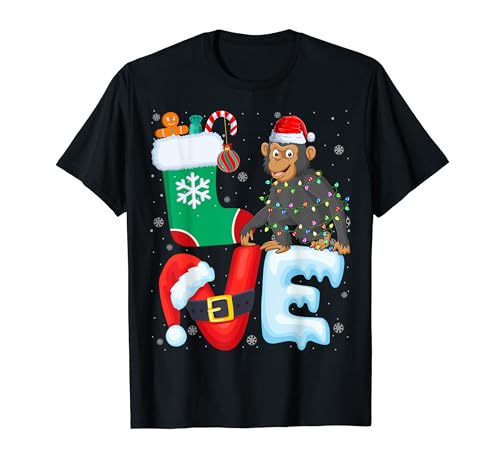 Chimpanzee Santa Hat Xmas Lights Tree Chimpanzee Christmas Camiseta