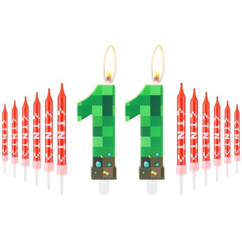 iNINGER Green Number 11 Candle,Pixel Birthday Cake Candle Decoration Green TNT Print Themed Birthday Candles Numeral Birthday Cake Topper for Boy Girl Pixel Game Party Decoration Supplies