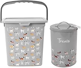 YöL Dog Food Bin With Scoop And Treat Tin Container Grey Illustrated Pet Feeding Set