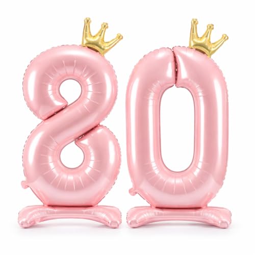 Lot de Ballons Chiffre 80 Rose Clair (8+0) XXL Debout 84 cm – Ballons Géants Mylar avec Couronnes Dorées – Déco Anniversaire 80 Ans Femme & Fête –...