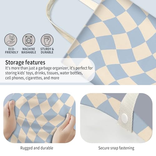 Image of Car Trash Can, Hanging Garbage Bin for Men and Women, Cute Car Organizer and Storage Bag, Canvas Vehicle Trash Can Bag Easy-to-Install Cute Blue Checkborad