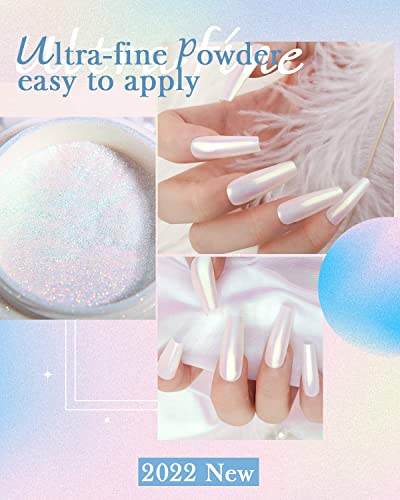 Bishengyf Mermaid Chrome Powder 2 Jars, Unicorn Glitter For Nails Pearlescent Effect, Ultra-Fine Smooth Iridescent Aurora Wite Pearl Chrome Dust 0.5G/Jar For Nail Art With 2Pcs Sponge Applicators #TOP1