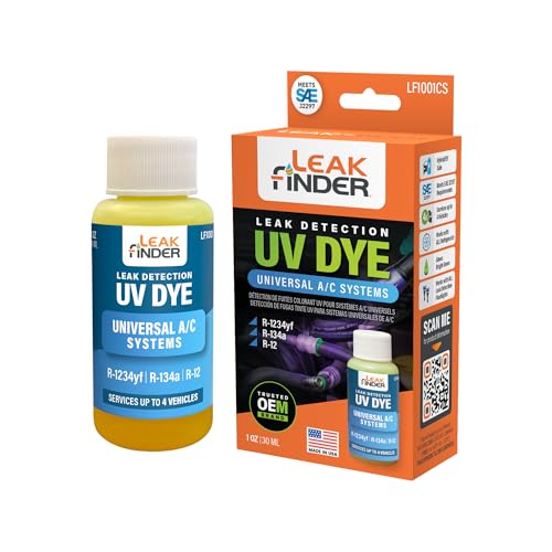 LEAKFINDER LF1001CS Automotive Air Conditioner Refrigerant Leak Detection Dye, Compatible with R134a, R-1234yf Systems, 1oz Fluorescent Dye Bottle, Services up to 4 Vehicles