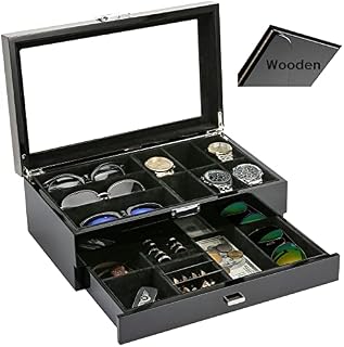 ProCase Wooden Men's Jewelry Box, Watch and Sunglasses Box Organizer for Men, 2-Tier Watch Holder and Glasses Display Cases with Clear Glass Top and Storage Drawer, Gift for Men -Black
