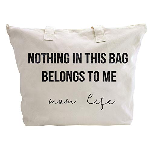 Image of ELEGANTPARK Baby Shower Gifts for New Mom Life Tote Bag Mothers Day Christmas Birthday Valentines Day Gifts for Mom to be Canvas Tote with Zipper and Pocket Shoulder Bag Cotton Ivory