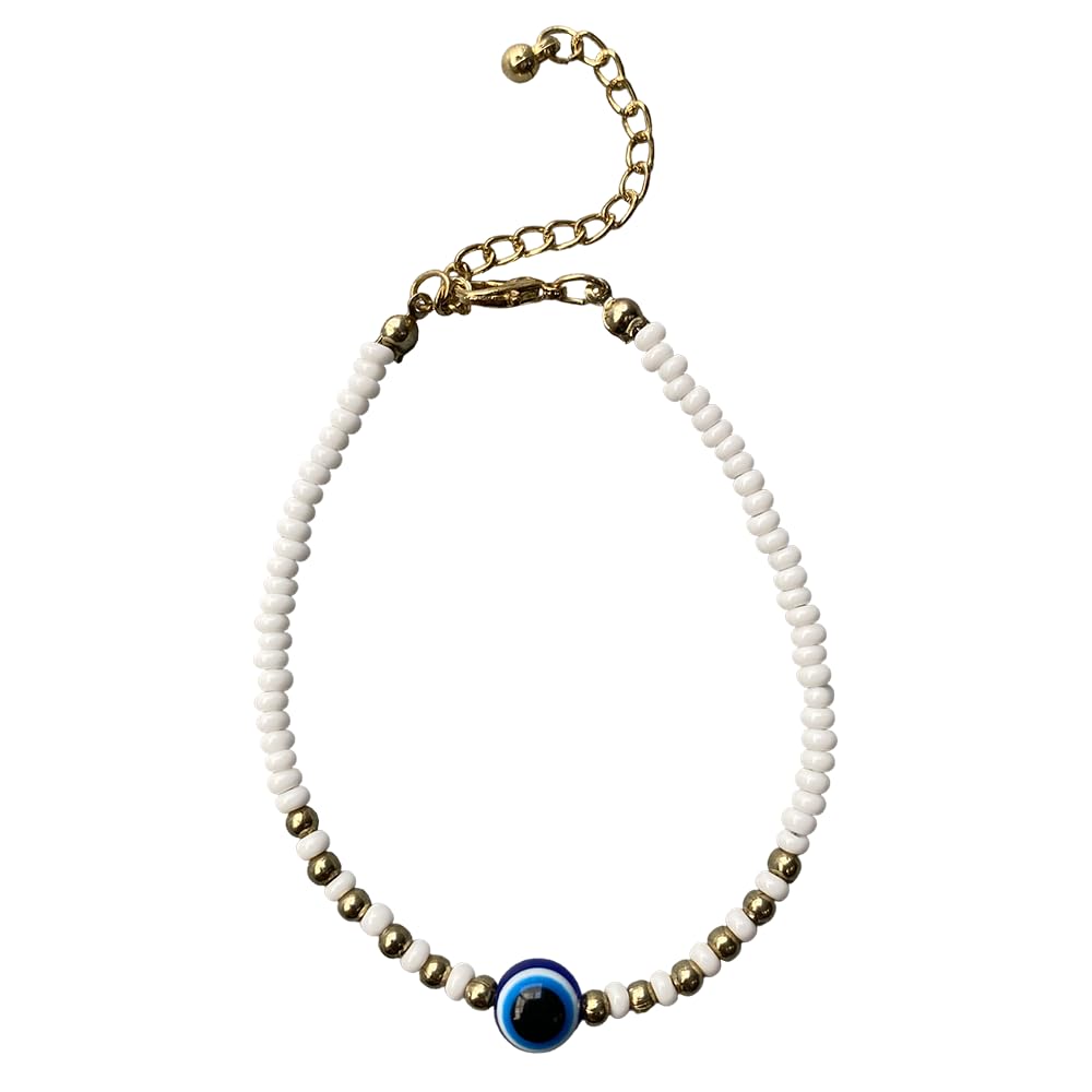 VIE Evil Eye Bracelet with 6 Gold Beads Each Side (White)