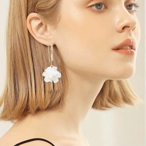 Just Follow Boho Flower Dangle Earrings for Women Long Drop Resin Acrylic Tiered Petal Statement Earrings Handmade Lightweight Vintage Floral Chunky Drop Jewelry (White) by Just Follow - Used condition - Image 2