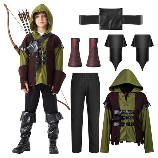 Haozozo Robin Hood Kostüm Kinder Faschingskostüme Kinder Junge Karneval Kostüm Kinder Jungen Fasching Kostüm Kinder Jungen Jäger Kostüm Kinder Bogenschütze Kostüm Kinder (L)