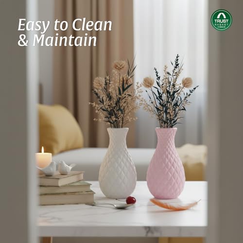 Image of TrustBasket Serenity Decorative Plastic Flower Vase Set White & Pink, Modern Table Top Accent for Living Room Bedroom Dining Office, Minimalist Home Decor, Durable Lightweight, Set of 2