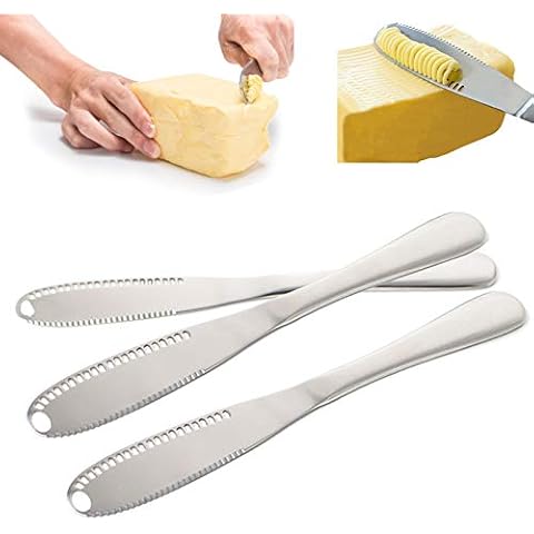 gotyou 3 Pcs Stainless Steel Butter Spreader Knife, 3 in 1 Butter Knife, Multi-Function Stainless Steel Butter Curler & Spreader with Serrated Edge, for Cutting Vegetables Fruit Cheese Cover