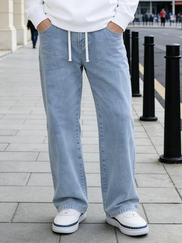 Herren-Jeans, normale Passform, gerades Bein, Baggy-Denim-Hose mit Kordelzug, elastischer Bund, lockere Y2K-Stil, Jeans mit Taschen, Hell, blau, X-Groß