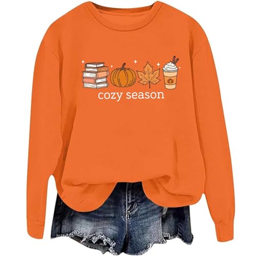Image of TONGCHEN Cozy Season Fall Sweatshirt Autumn Pumpkin Books Coffee Casual Long Sleeve Crewneck Sweatshirts Girls (US, Alpha, Medium, Regular, Regular, Orange)