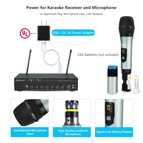 Bietrun Wireless Microphones With Echo, Easy-To-Use, Auto Connect, 160 Ft Range, 1/8''＆1/4''Output, Uhf Dual Channel Cordless Handheld Dynamic Mics System For Church,Wedding, Karaoke, Speech, Singing #TOP4