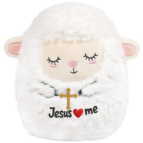 SEAOPOP Lamb Jesus Plush Toy: 8-Inch Soft Holiness Sheep Stuffed Animal with Jesus Loves Me and Cross Embroidery, Baptism and First Communion Gifts, Christian Prayer Pillow for Kids Baby Girls Boys