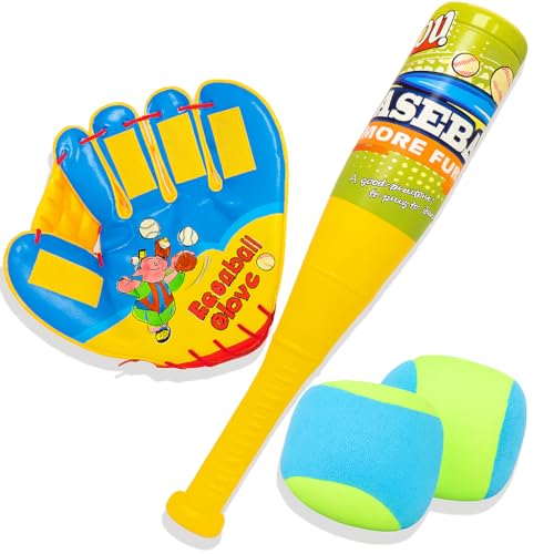 sobebear - sobebear 4-Piece Baseball Bat and Glove Toy Set for Kids, Softball Rounders Set with Colorful Bat, Glove and 2 Balls, Indoor Outdoor Sports Toy for Boys and Girls Ages 3+ Years (Yellow)